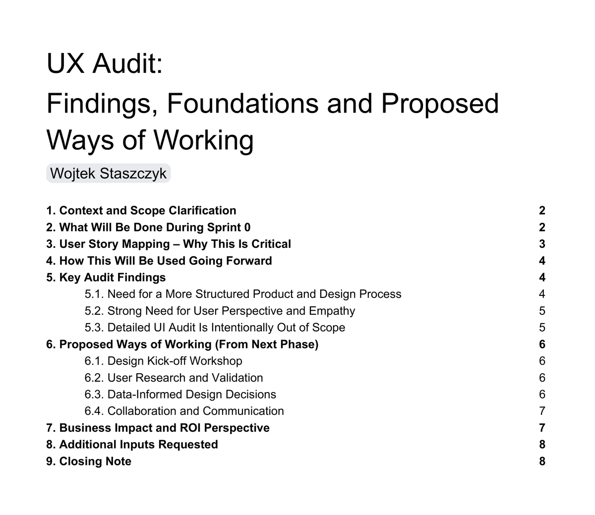 Contents page of the Sprint 0 report, including the section placing the UI audit explicitly out of scope