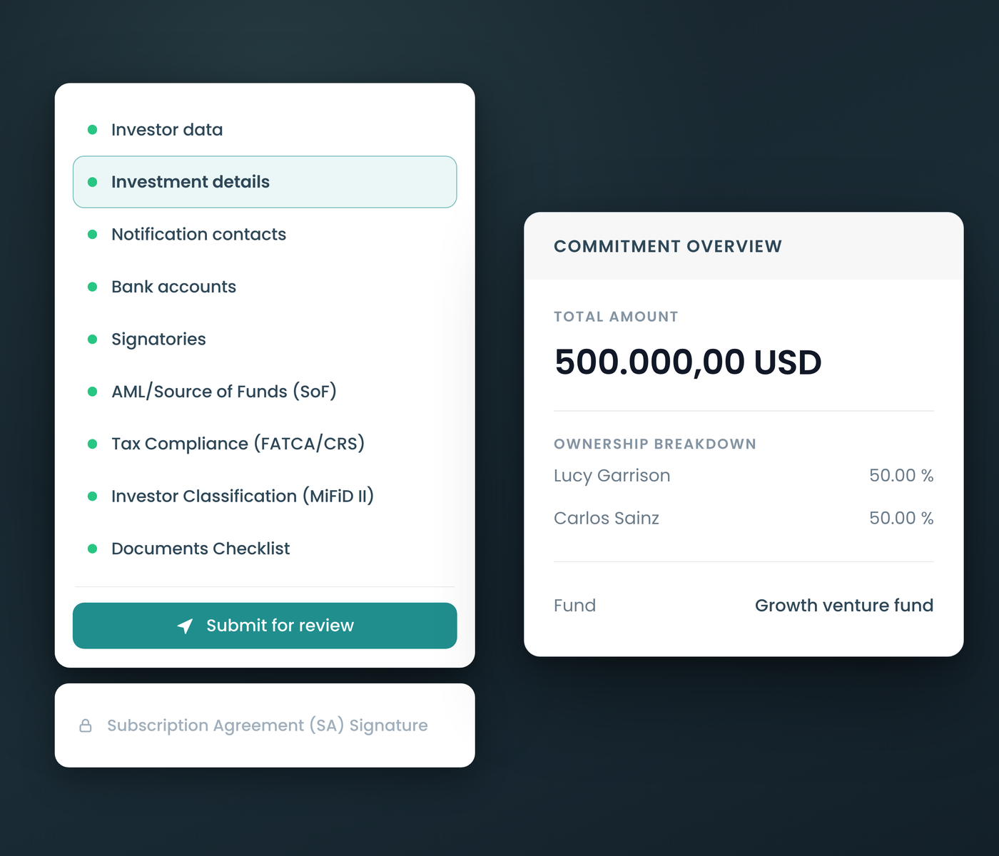 The investor onboarding flow: nine compliance steps from investor data through AML, FATCA/CRS and MiFID II classification to the documents checklist