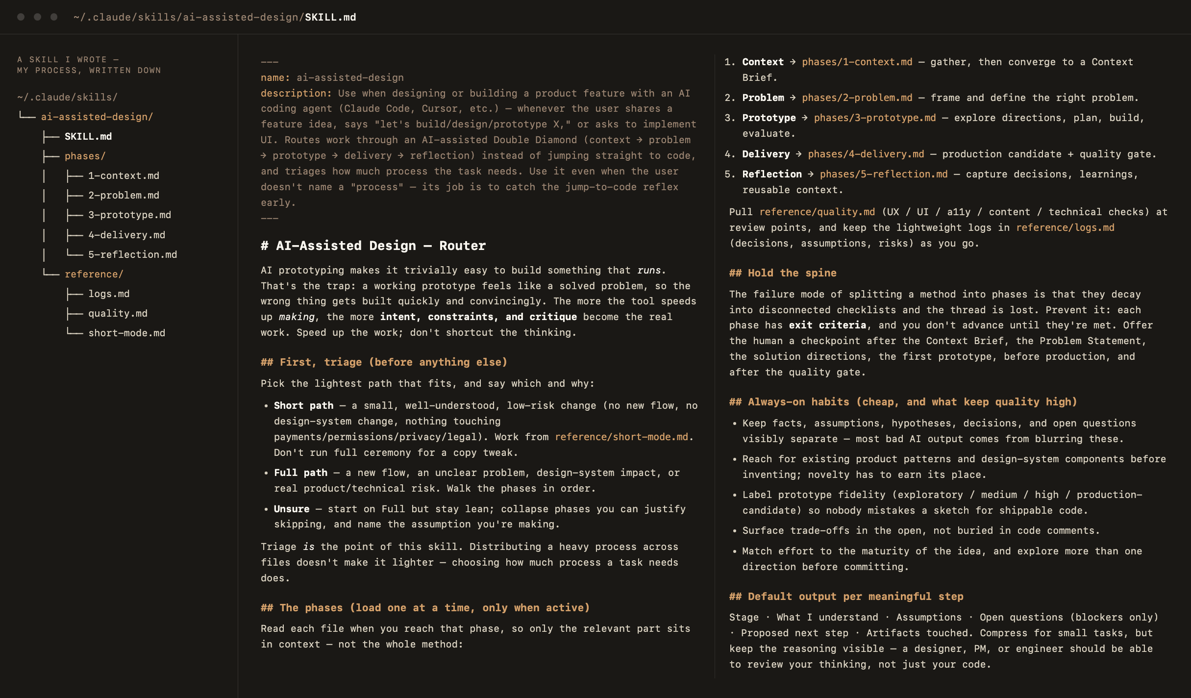 The ai-assisted-design skill: a router with triage, five phases and exit criteria