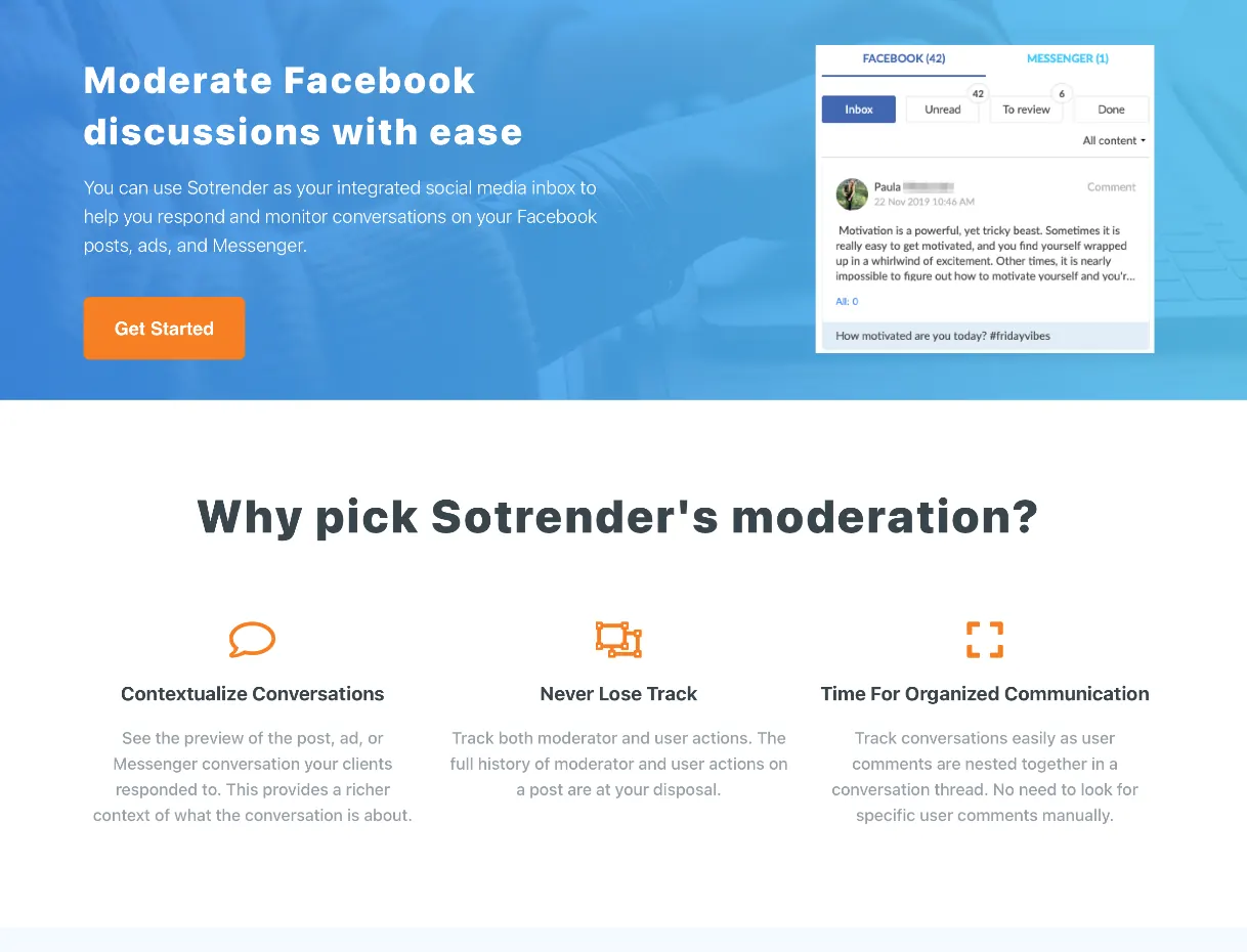 Sotrender moderation landing page: moderate Facebook discussions with ease