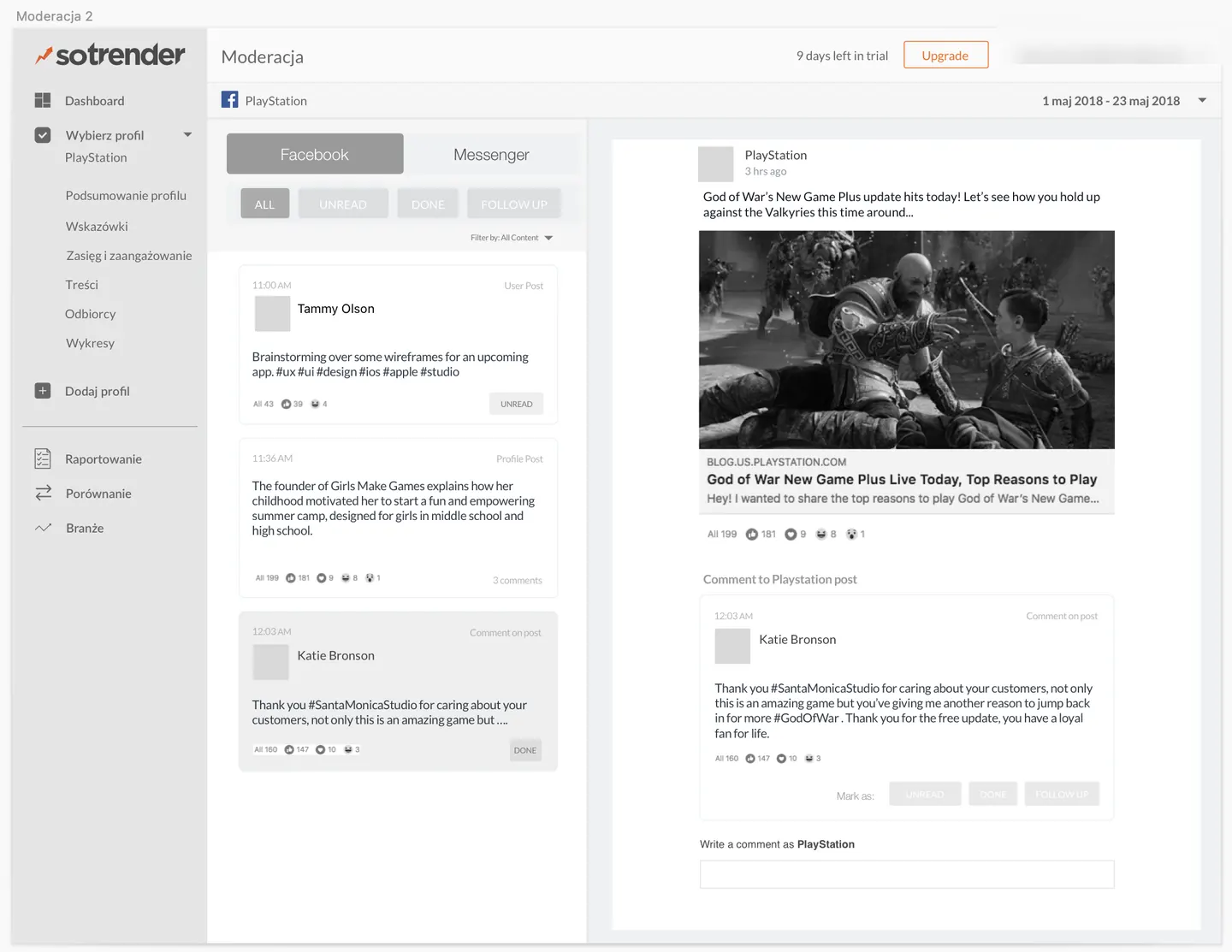 Mid-fidelity mockup of the moderation inbox