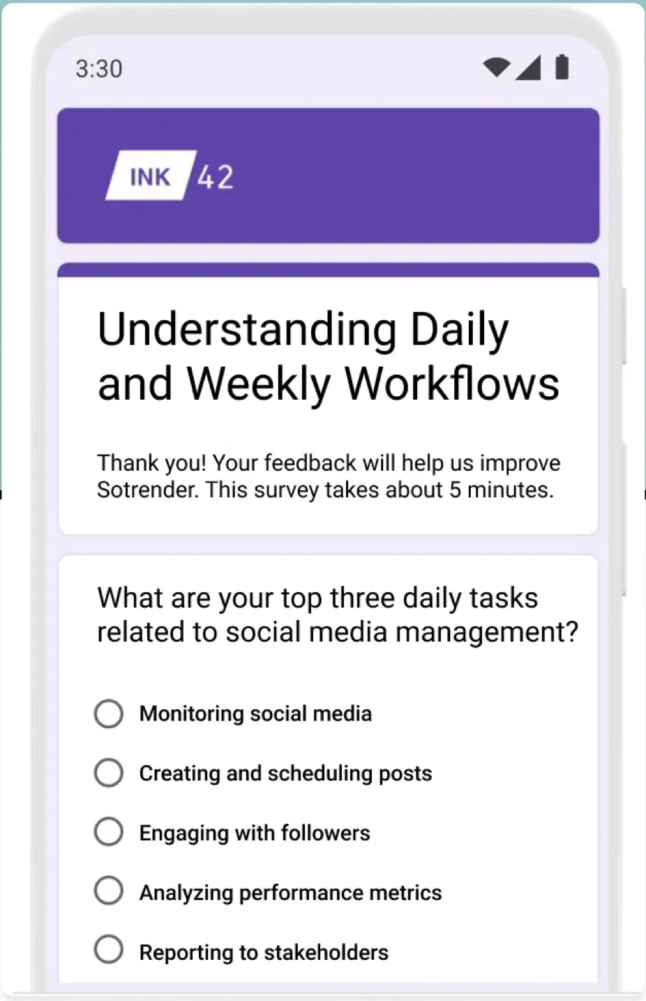 Survey sent to 250 users: understanding daily and weekly workflows